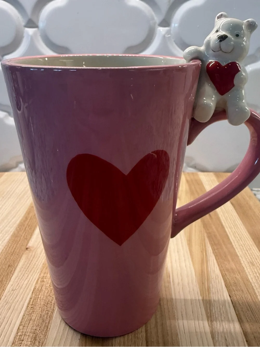Valentine's Pink Ceramic Heart Mug with White Bear Handle 16oz